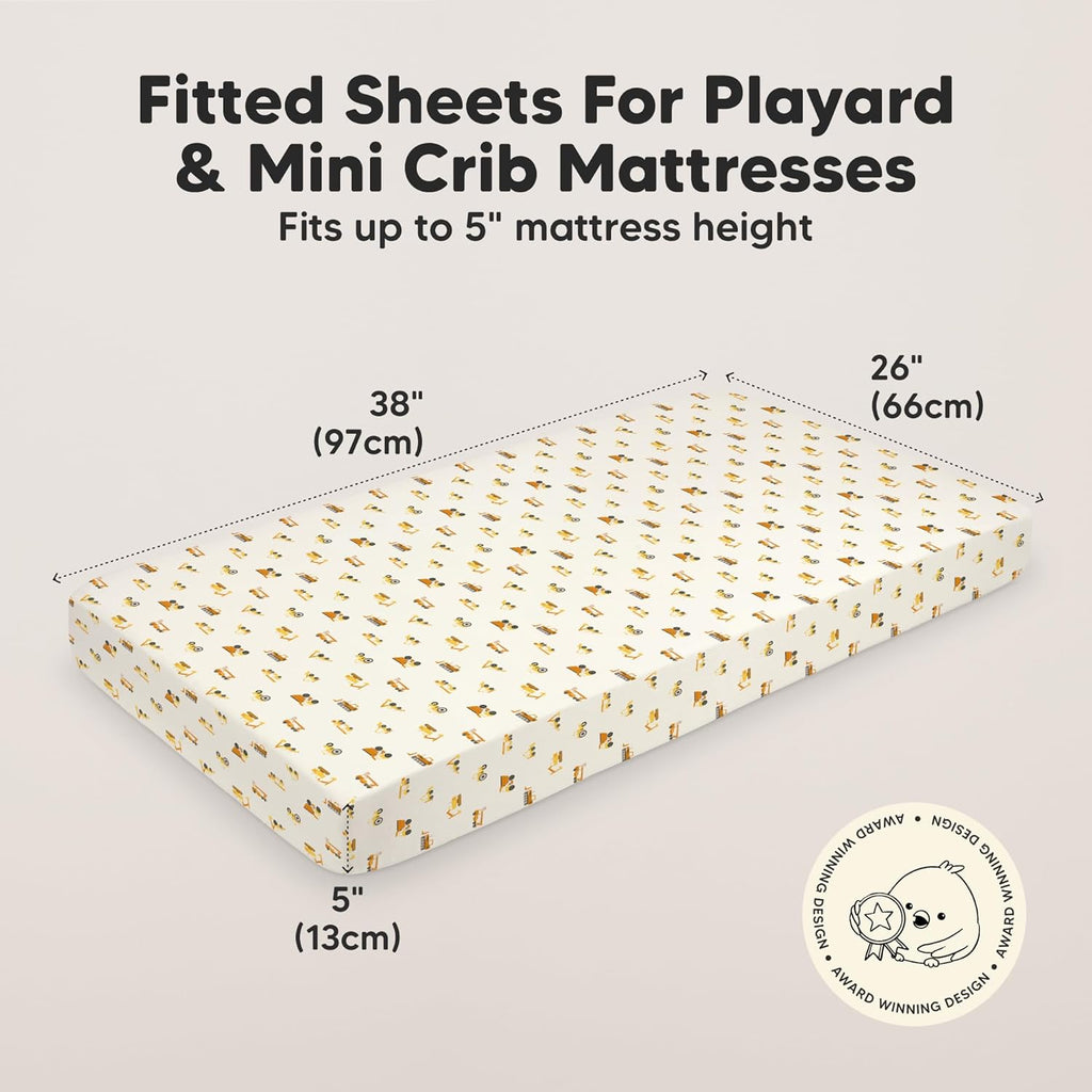 2-Pack Mini Crib Sheets Fitted - 38x26 Pack N Play Sheets for Pack and Play Mattress, Organic Cotton, Soft & Breathable Playard Bedding, Neutral Mini Toddler Bed Cover for Boys, Girls (Construction)