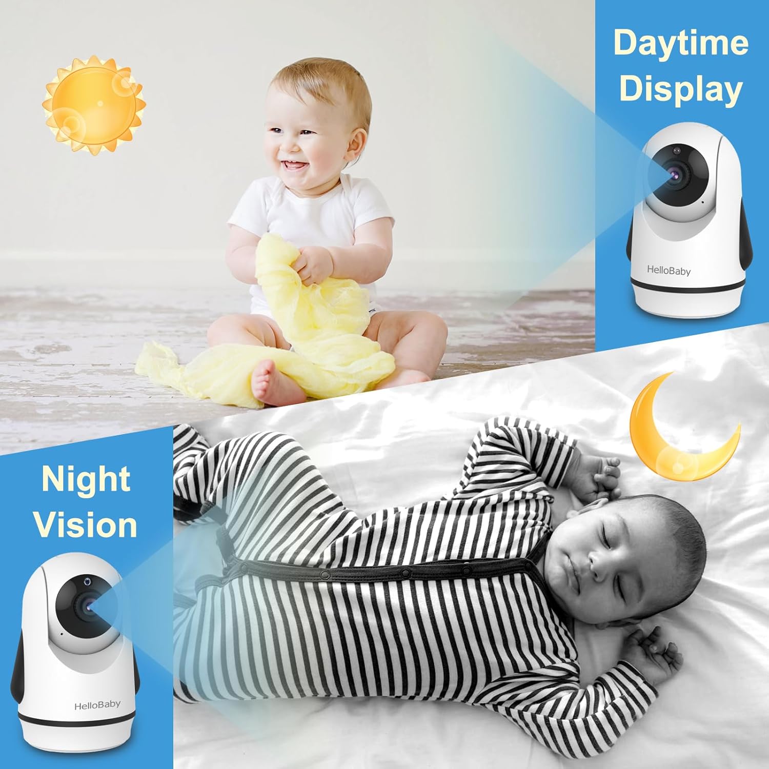 HelloBaby Video Baby Monitor with 2 Cameras and 5 Inch Split Screen Display, Remote Control Cameras with Night Vision and Temprature Monitoring