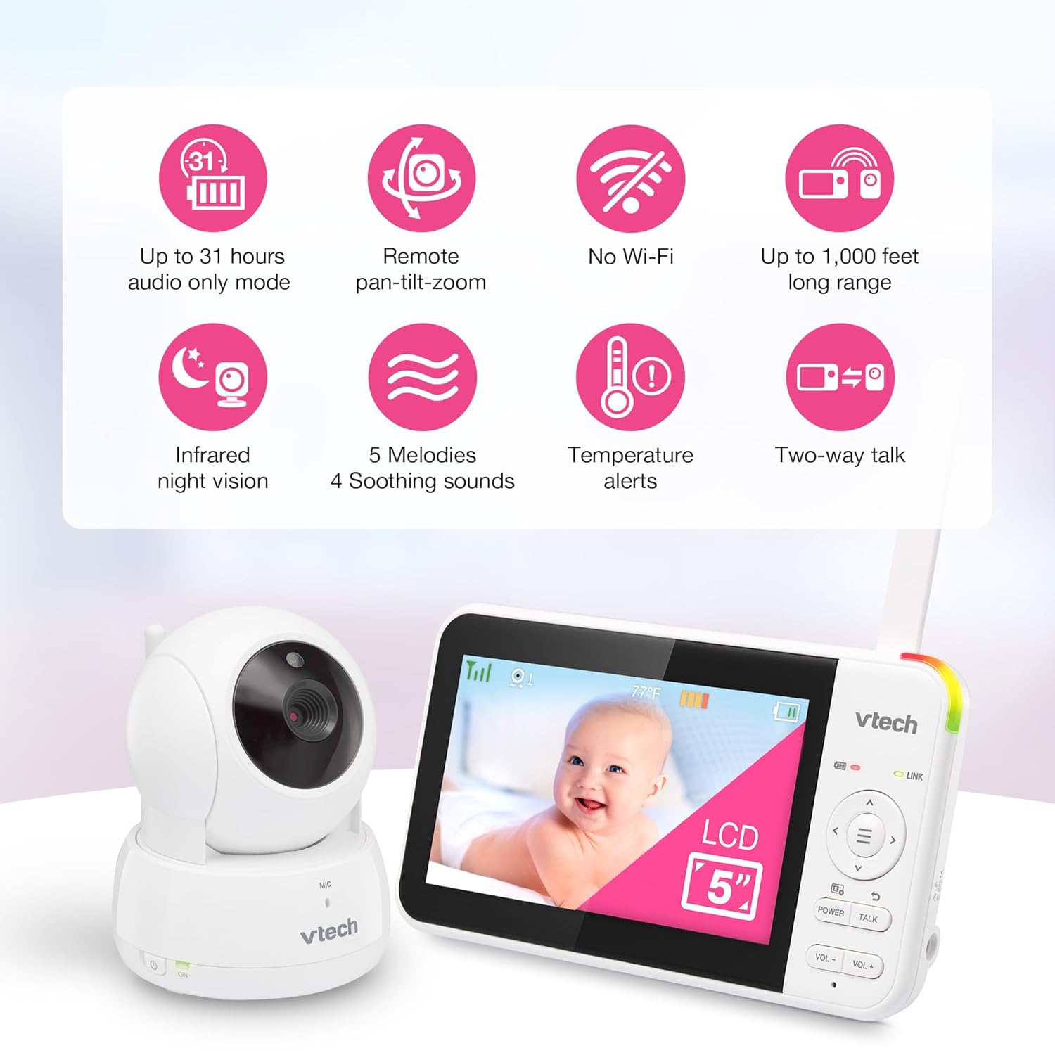 VTech VM924 Remote Pan-Tilt-Zoom Video Baby Monitor, 5" LCD Screen, Up to 17 Hrs Video Streaming, Night Vision, Up to 1000ft Range, Soothing Sounds, 2-Way Talk, Temperature Sensor,Secured Transmission