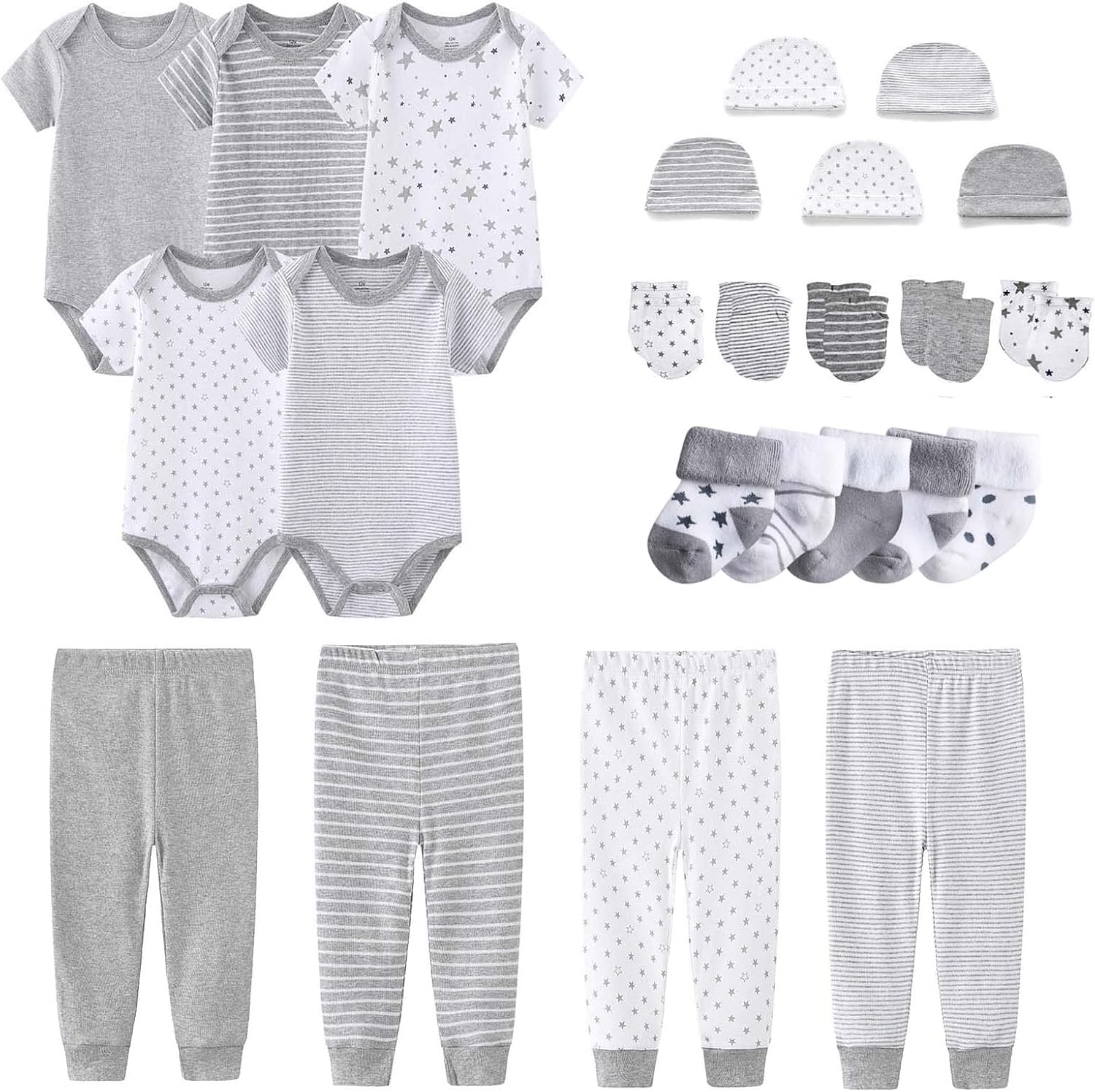 Newborn Layette Gift Set Bodysuits Pants for Baby Girl and Boy 24 Piece 100% Cotton Essentials and Accessories