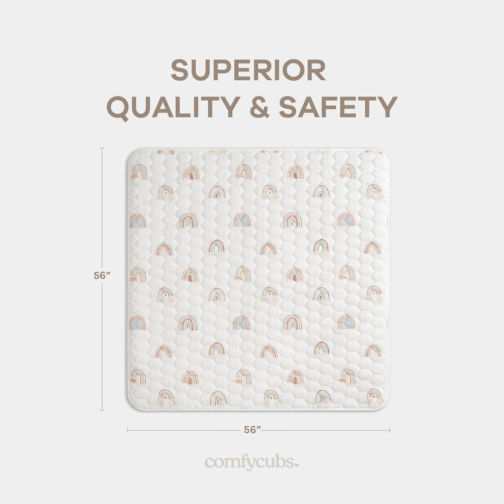 Comfy Cubs Square Kids Play Mat - 56 x 56 inches Soft Quilted Baby Floor Mat with Non-Slip Bottom - Plush Design for Toddlers' Playtime and Relaxation - Comfortable and Durable - Rainbow