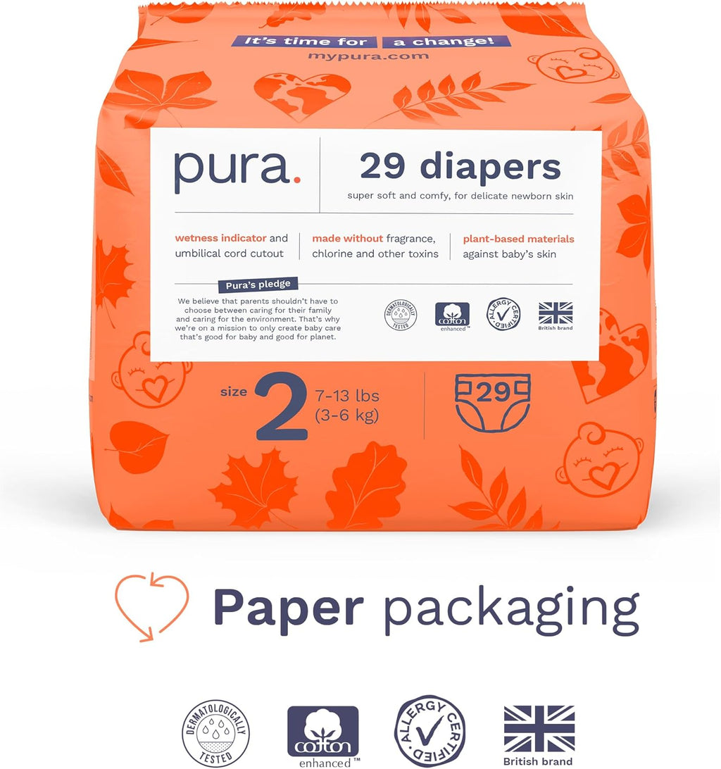 Pura Hypoallergenic Diapers, Size 2 (7-13 lbs) Totally Chlorine Free, Wetness Indicator, Suitable for Sensitive Skin, Soft Organic Cotton, Overnight, 3 Packs of 29 (87 Baby Diapers)