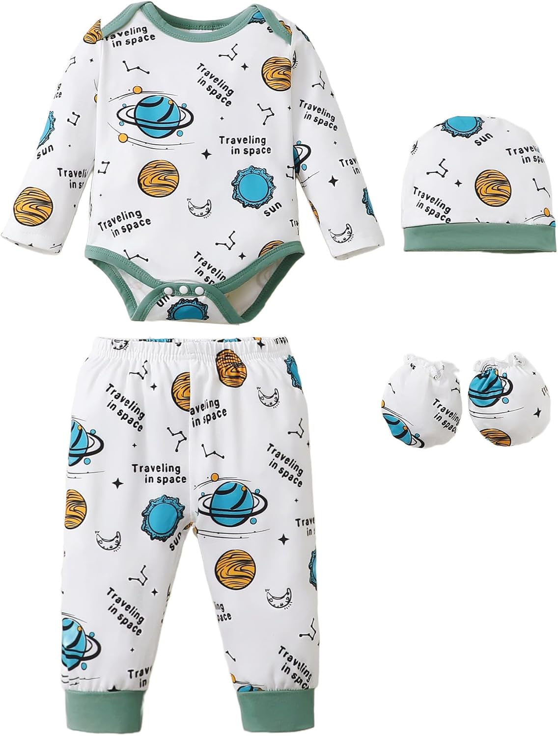 NZRVAWS Newborn Baby Boy Girl Clothes Unisex Infant Romper Pants Set Hat 4-Pack Outfits 0-12 Months 16 Pieces Toddler