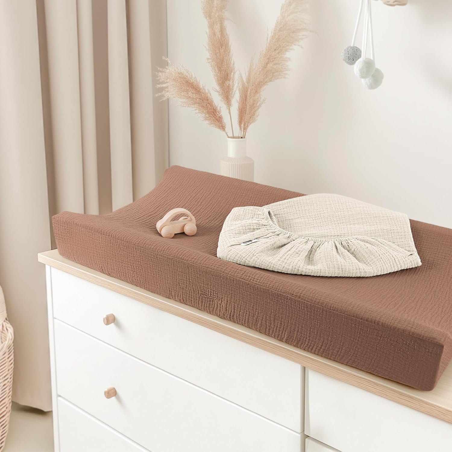 Bearmoss Changing Pad Cover, 2 Pack Muslin [100% Cotton] Diaper Changing Table Covers, 32'' x 16'' Soft Breathable Changing Pad Sheets for Unisex Baby Girls and Boys with Strap Holes (Cappuccino)