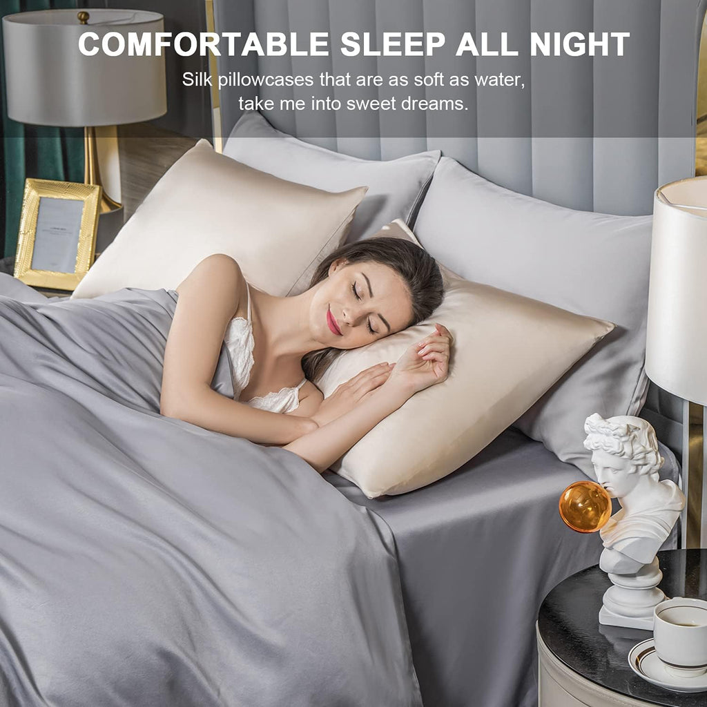 Mulberry Silk Pillowcase for Hair and Skin,Standard Size Cooling Silk Pillow Case with Hidden Zipper,Allergen Proof Dual Sides Soft Breathable Smooth Silk Pillow Cover for Women(Queen,Champagne)