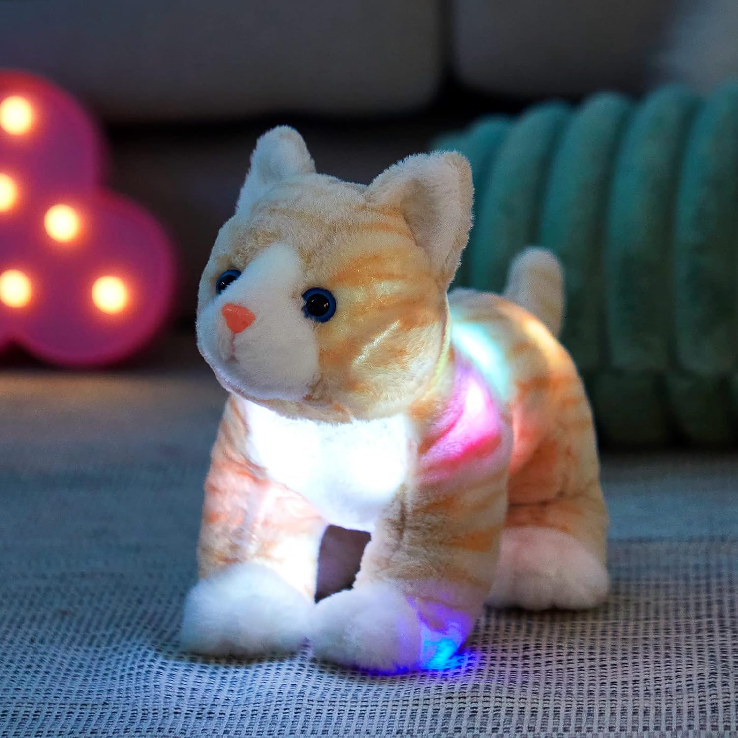 Glow Guards 14'' Light up Kitty Stuffed Animal Soft Realistic Cat Plush Toy with LED Night Lights Glow Birthday Children's Day Gifts for Toddler Kids