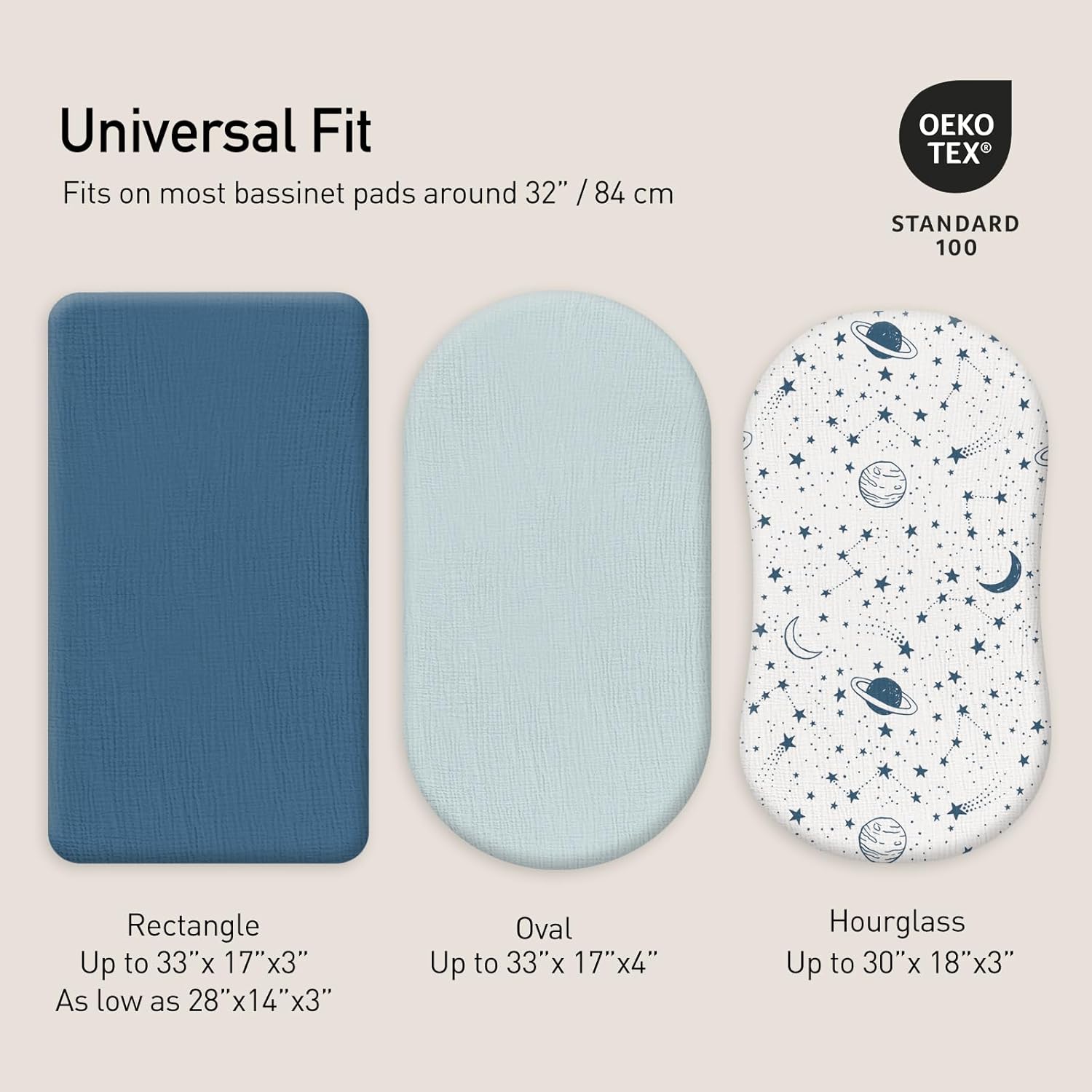 Gllquen Baby Muslin Bassinet Sheets 3 Pack, Breathable Elastic Cozy Fitted Cotton Bassinet Mattress Sheet for Baby Boy Girls, Fit for Hourglass Oval Rectangular Cradle Pad Sheets 33"x17" (Blue)