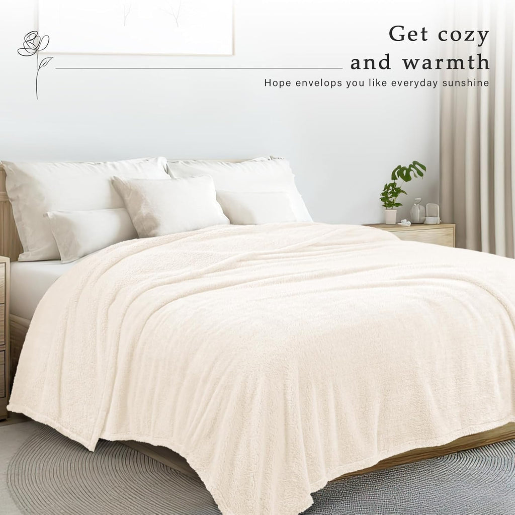 Exclusivo Mezcla Queen Size Flannel Fleece Blanket, Super Soft Velvet Plush Bed Blanket, Fuzzy Cozy and Warm for All Seasons, 90x90 Inches, Ivory