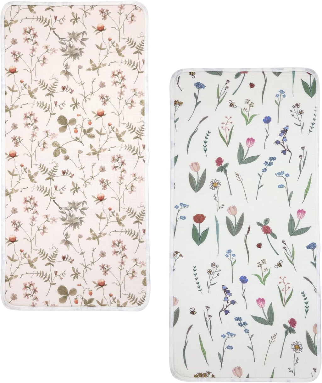 haakaa Waterproof Changing Pad Liners, 100% Cotton, Soft & Breathable (2pcs, 13" x 27.5" Honey Blossom+Vintage Garden)
