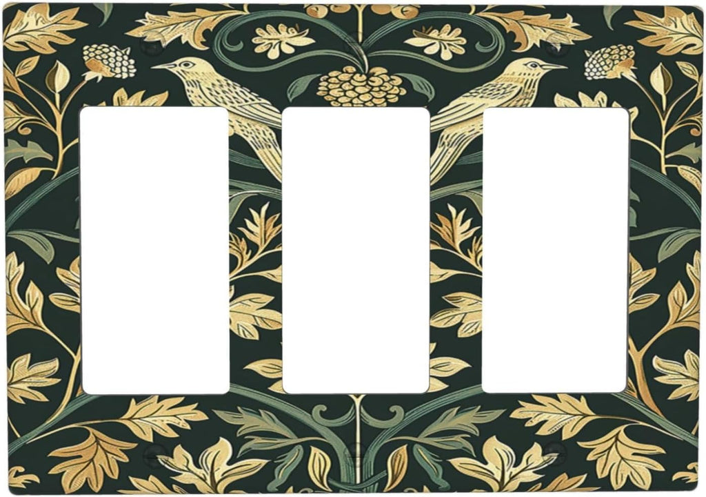Light Switch Covers William Morris Vintage Botanical Birds Golden Green Leaves 3 Gang Rocker Electrical GFCI Decorative Triple Outlet Wall Plate Cover Switchplate for Bedroom Home Decor