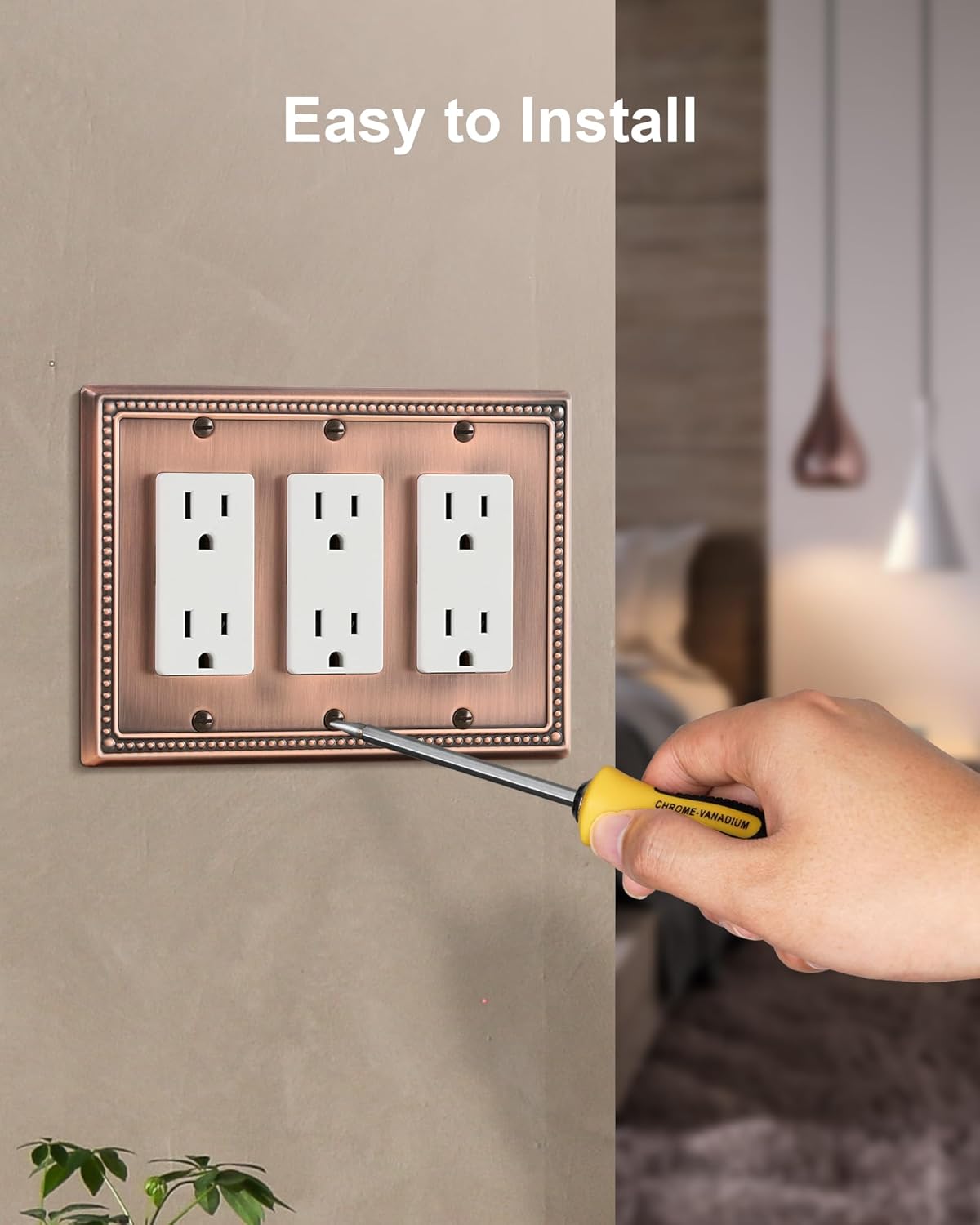 2-Pack Triple Decorator Outlet Cover Plate, Antique Copper Pearls Decorative Switch Plates and Outlet Covers, Metal Wall Plates for Electrical Outlets, Receptacle, GFCI Outlet, Dimmer Switch