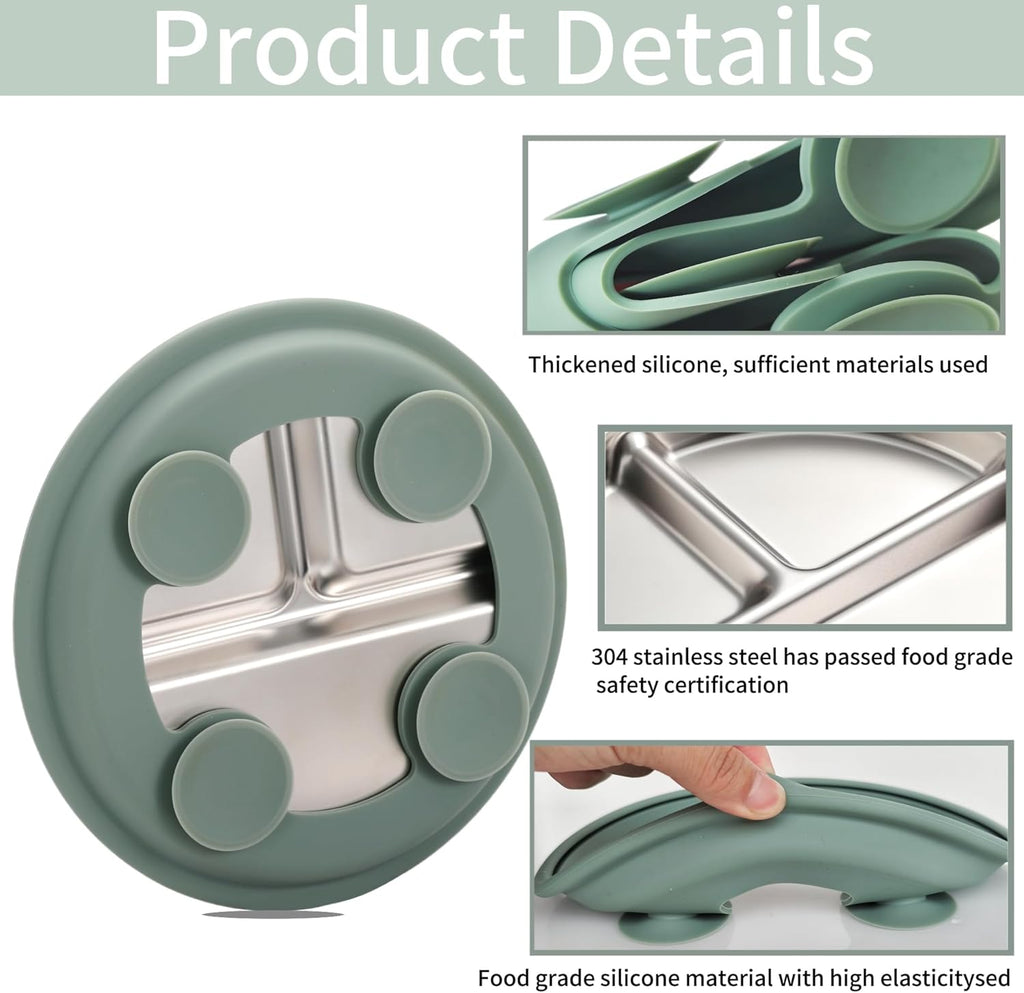 3Pack Sainless Steel Kids Plates with Suction, 8.1” Divided Toddler Baby Plates with Removable Silicone Sleeves BPA Free Non-Slip 2-in-1 Anti Breakage Metal Toddler Bowls