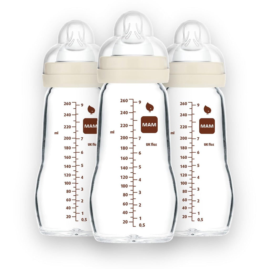 MAM Feel Good Medium Flow Premium Glass Baby Bottles, Easy Switch Between Breast and Bottle, 9oz, 2+ Months, Unisex, 3 Pack