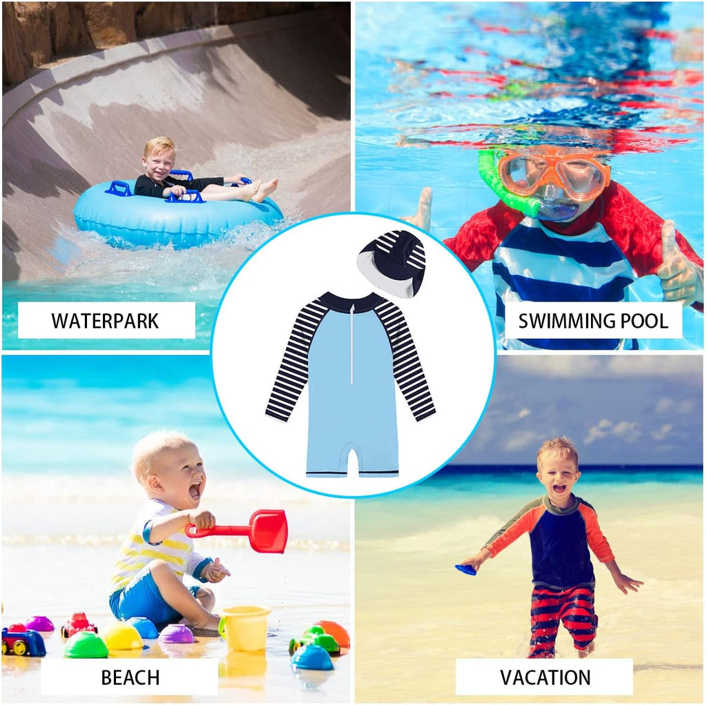 uideazone Baby Boys One Piece Swimsuit Long Sleeve UPF 50+ Rash Guard Bathing Suit Swimwear with Sun Hat 0-24 Months