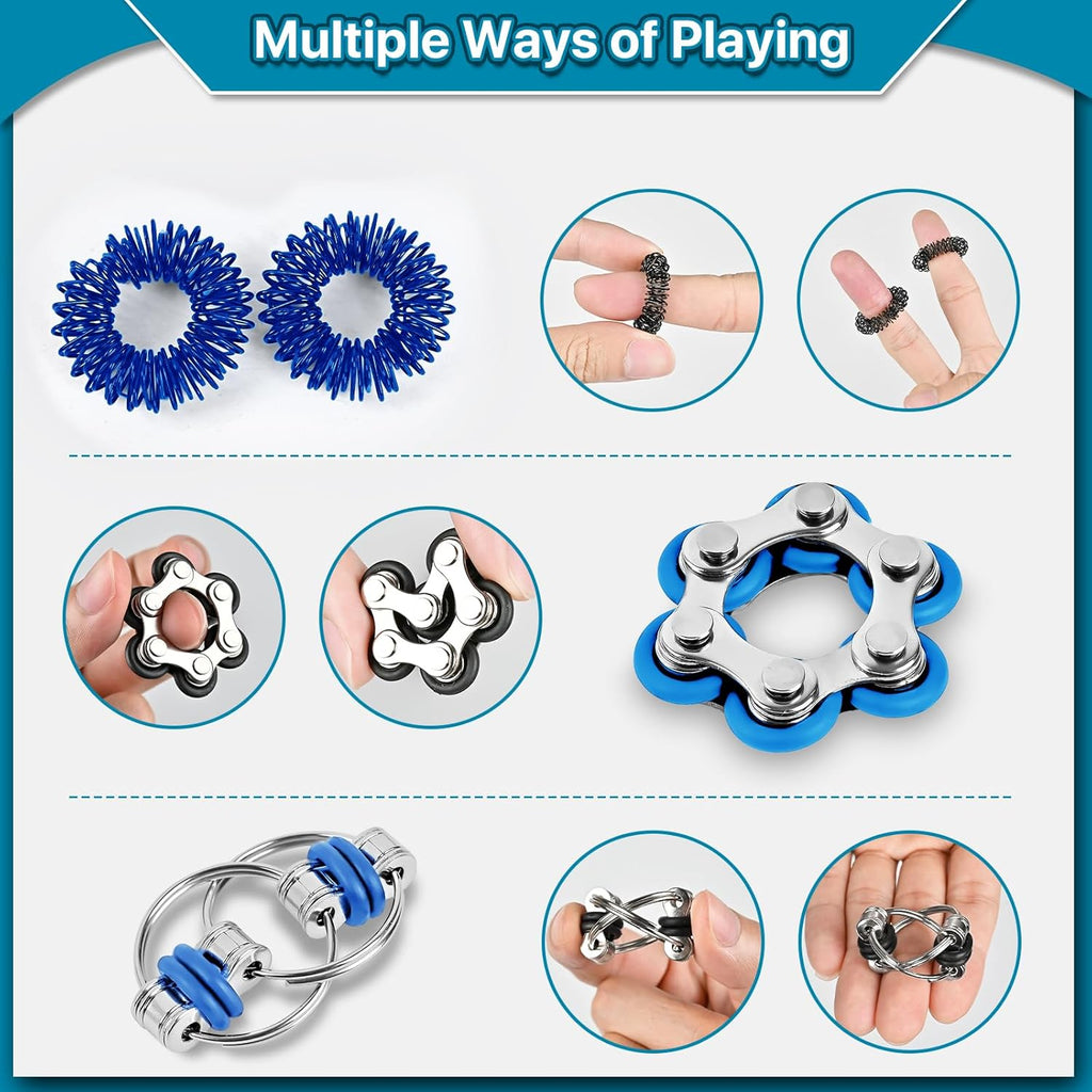 Fidget Toys Adults Pack 6Pcs, EDC Fidgeting Game for Kids Teen Cool Mini Gadget Desk Toys Figette Spinner Figits Rings Classroom ADHD Stress Anxiety Relief Toy Unique Gift for Boys Girls-Blue