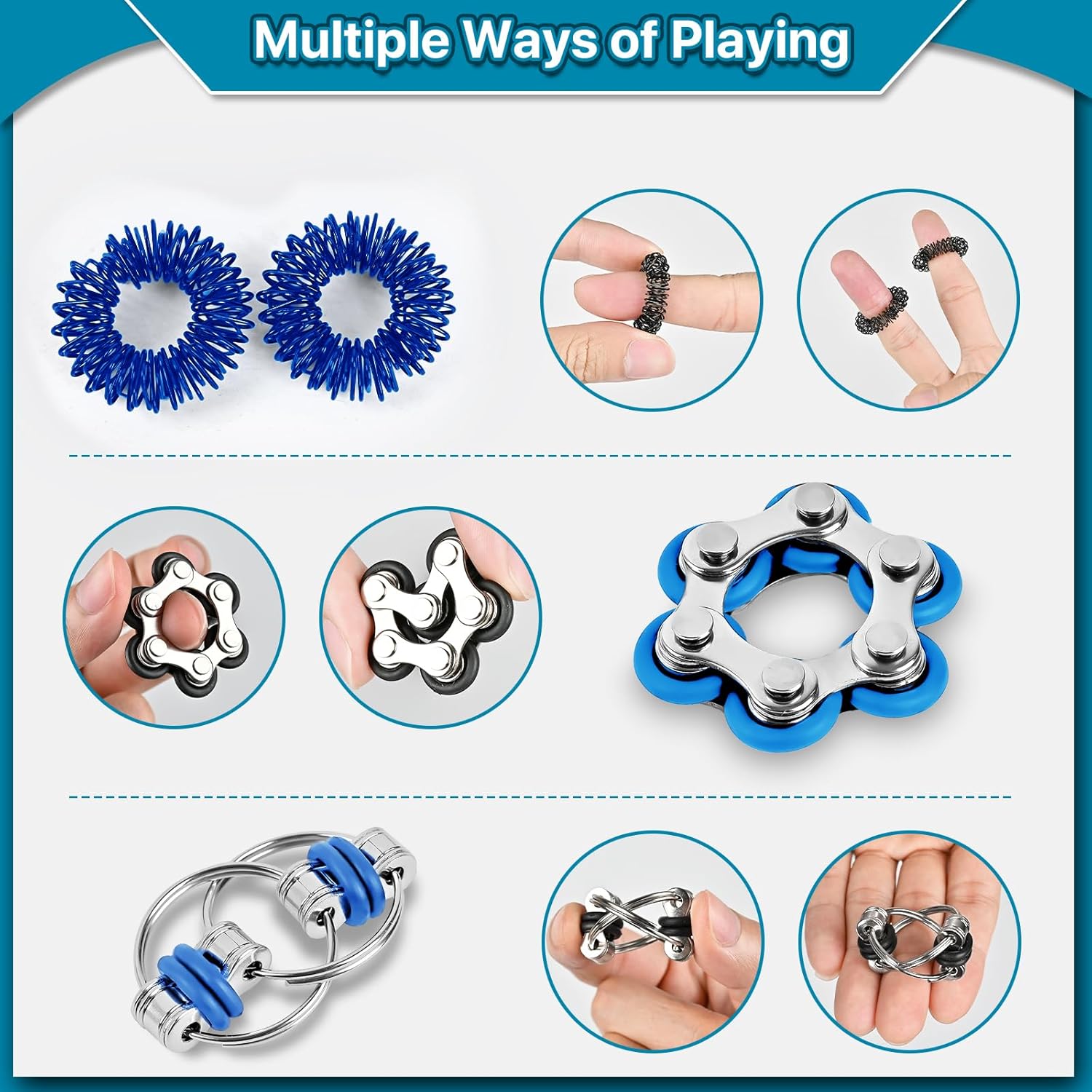 Fidget Toys Adults Pack 6Pcs, EDC Fidgeting Game for Kids Teen Cool Mini Gadget Desk Toys Figette Spinner Figits Rings Classroom ADHD Stress Anxiety Relief Toy Unique Gift for Boys Girls-Blue
