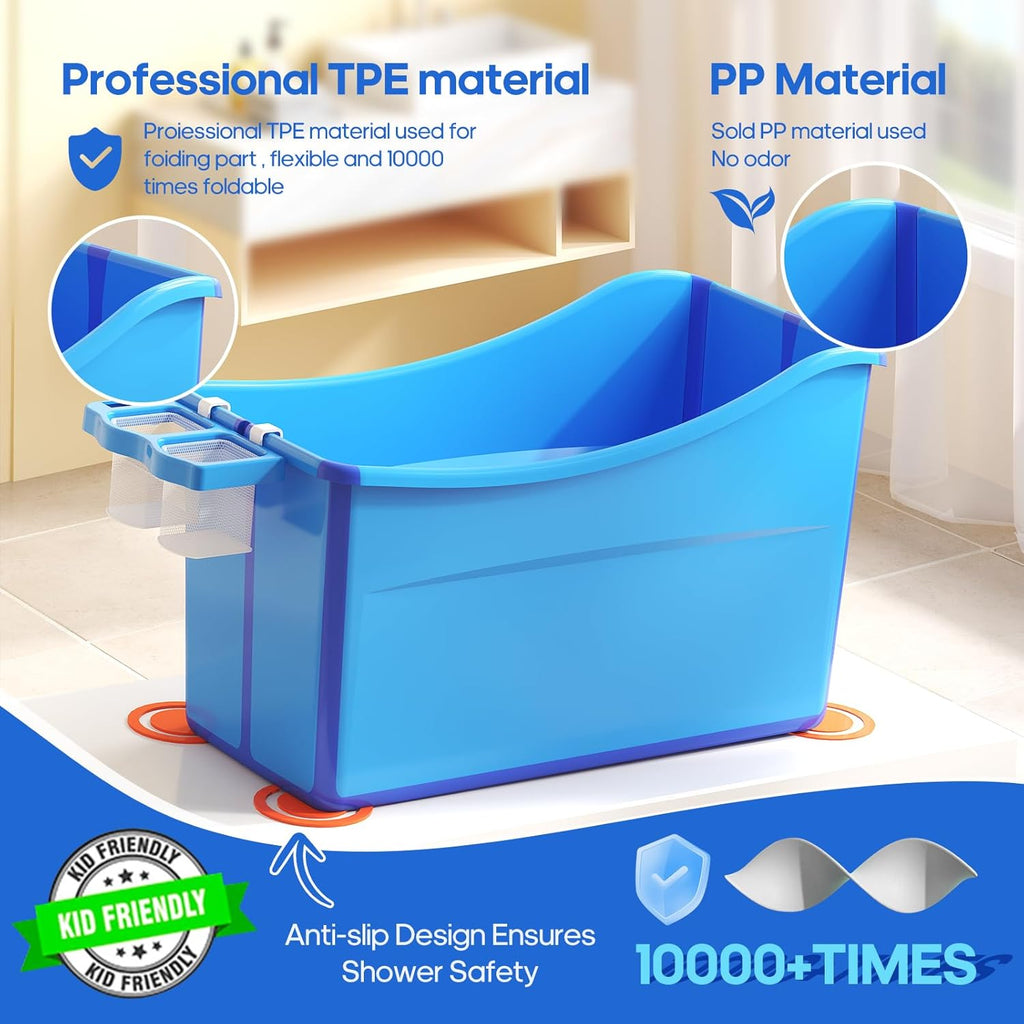 Collapsible Baby Bathtub Foldable Bathtub for Toddler Portable Large Foldable Bath Tub Bathtub for Kids Petite with Thermometer and Storage Basket (Blue)