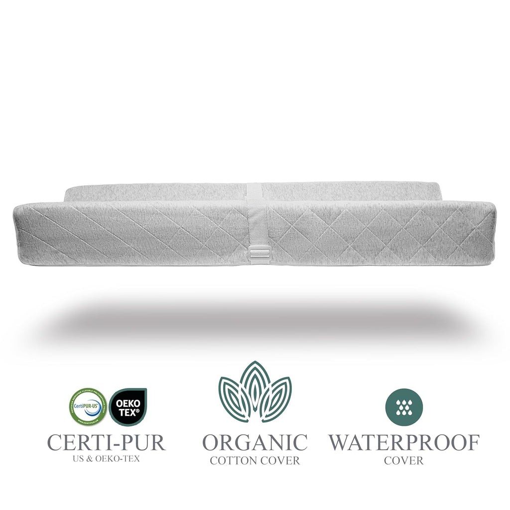 Organic Cotton Contoured Baby Changing Pad w/Waterproof Foam Mattress, Includes Soft, Removable & Washable Cover, Safety Strap, Non-Slip Bottom, Topper for Standard Size Infant Diaper Table & Dresser