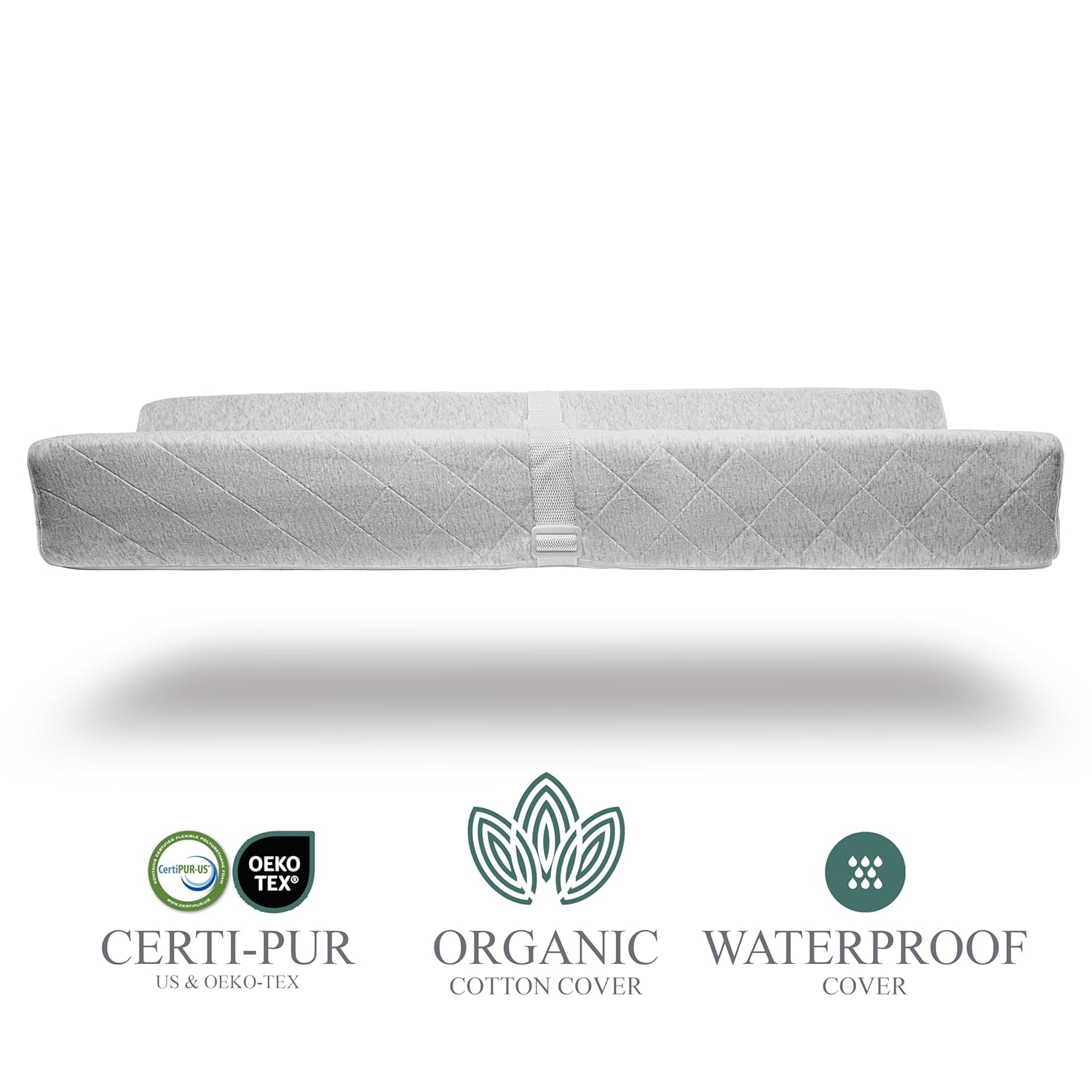 Organic Cotton Contoured Baby Changing Pad w/Waterproof Foam Mattress, Includes Soft, Removable & Washable Cover, Safety Strap, Non-Slip Bottom, Topper for Standard Size Infant Diaper Table & Dresser