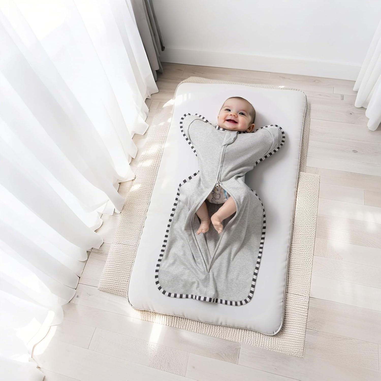 Transition Swaddle, 2 Pack 100% Cotton Baby Sleep Sack, 2-Way Zipper Infant Arm Up Swaddle for Newborn Baby Boys Girls (Light Green + Light Grey, S(0-3 Months))