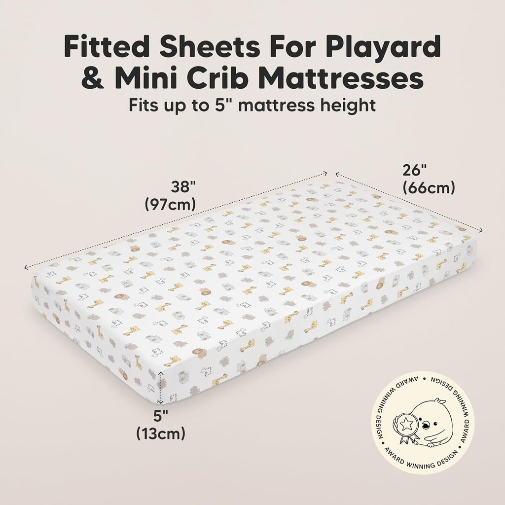 2-Pack Mini Crib Sheets Fitted - 38x26 Pack N Play Sheets for Pack and Play Mattress, Organic Cotton, Soft & Breathable Playard Bedding, Neutral Mini Toddler Bed Cover for Boys, Girls (KeaSafari)