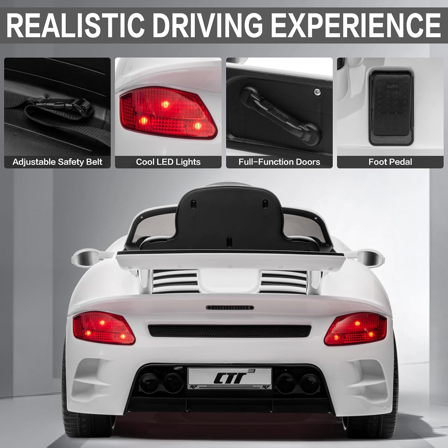 Licensed RUF CTR3 12V Kids Electric Car with Parent Remote Control, 2 Motors, 3 Speeds, LED Lights, MP3 Player | Battery Powered Ride-On Toy for Kids to Drive - White