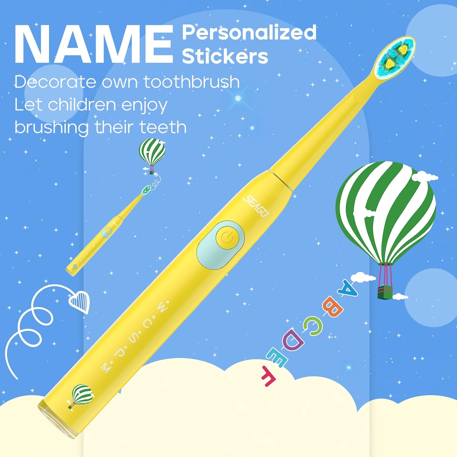 SEAGO Kids Electric Toothbrush, Rechargeable Sonic Soft Bristle Toothbrushes with 8 Brush Heads, DIY Stickers and 5 Modes, Ideal for Kids and Children, Ages 3–12,SG2303(Yellow)