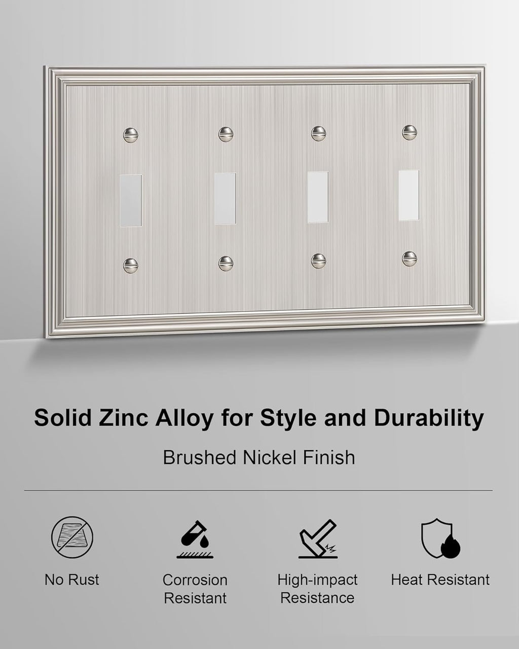 2-Pack Quad Toggle Light Switch Cover Plate, Durable Zinc Alloy Decorative Switch Plate Covers, Brushed Nickel 4 Gang Wall Plate for Toggle Light Switch and Rotary Dimmer Switch