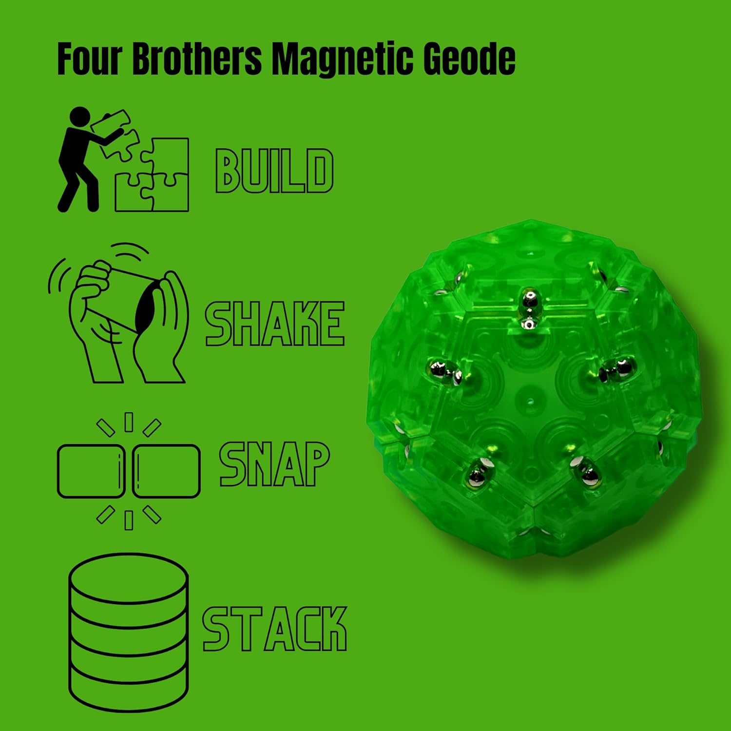 Four Brothers Geode Magnetic Fidget Sphere Set | Mesmerizing 12-Piece Pentagon Design in Green | Fun Desk Gadgets and Quiet ADHD Toys Idea!