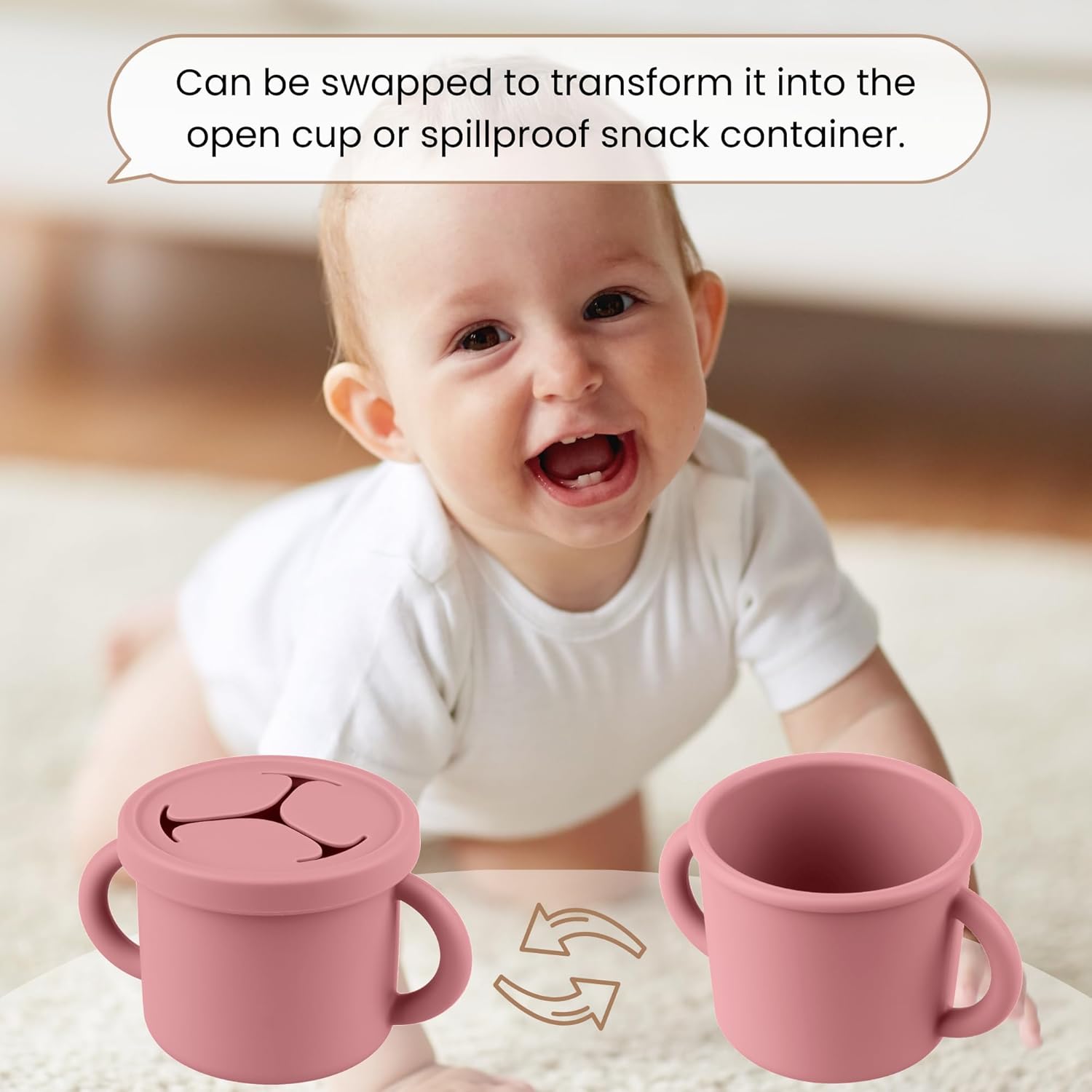 Snack Containers for Toddlers, Kids - 2 Pack Food Grade Silicone Snack Cups with Grip Handle (Blush/Mauve)