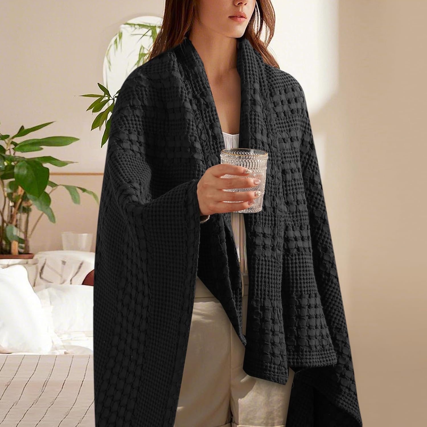 PHF 100% Cotton Waffle Weave Throw Blanket, Soft Lightweight Breathable Cozy Summer Throws for Couch Bed Sofa, Luxury Aesthetic Woven Blanket for Home Decor & Office, 50"x60", Black