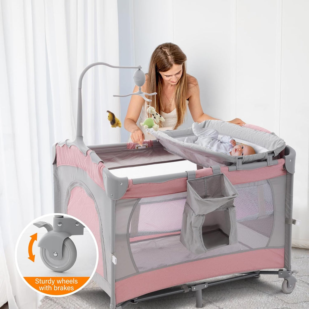 5 in 1 Baby Crib,Bedside Sleeper,Bassinet,Pack and Play with Bassinet and Changing Table,Portable Travel Playpen Music Box,Portable Travel Crib for Infant Newborn (Pink Gray)