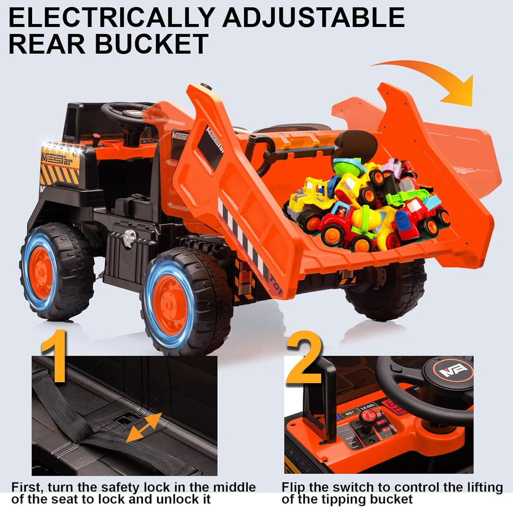 24V Ride On Dump Truck, 24inch-2 Seater Ride On Car for Kids w/Remote Control 4WD/2WD Up to 5 Mph, 24v Ride on Toys for Big Kids w/Electric Dump Bed Extra Shovel Traffic Cones (Orange)