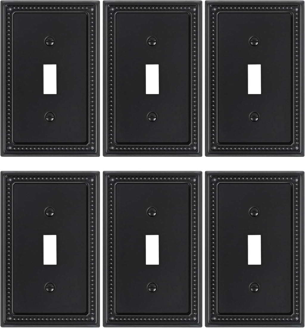 6-Pack Single Toggle Light Switch Cover Plate, Pearls Decorative Switch Plate Covers, Black 1 Gang Metal Wall Plate, Corrosion Resistant
