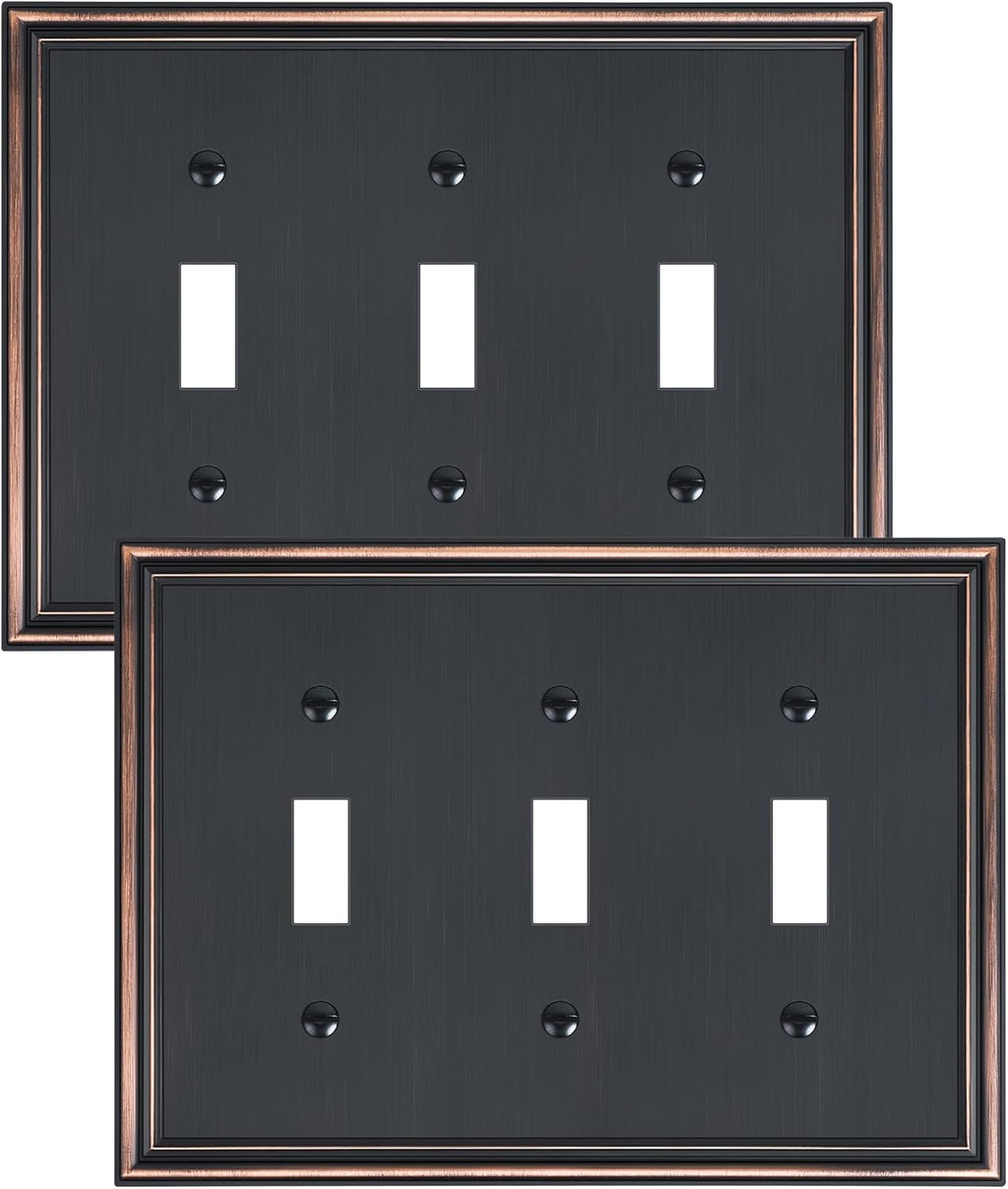2-Pack Triple Toggle Light Switch Cover Plate, Durable Solid Zinc Alloy Decorative Switch Plate Covers, Aged Bronze 3 Gang Wall Plate, Corrosion Resistant