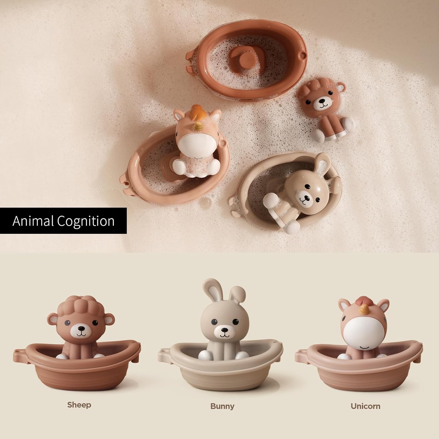 Nueplay Bathtub Toys for Toddlers 18M+，Baby Bath Toys with Animal Finger Puppets，Stackable Boat Train，Gift for Baby & Toddlers Set of 6