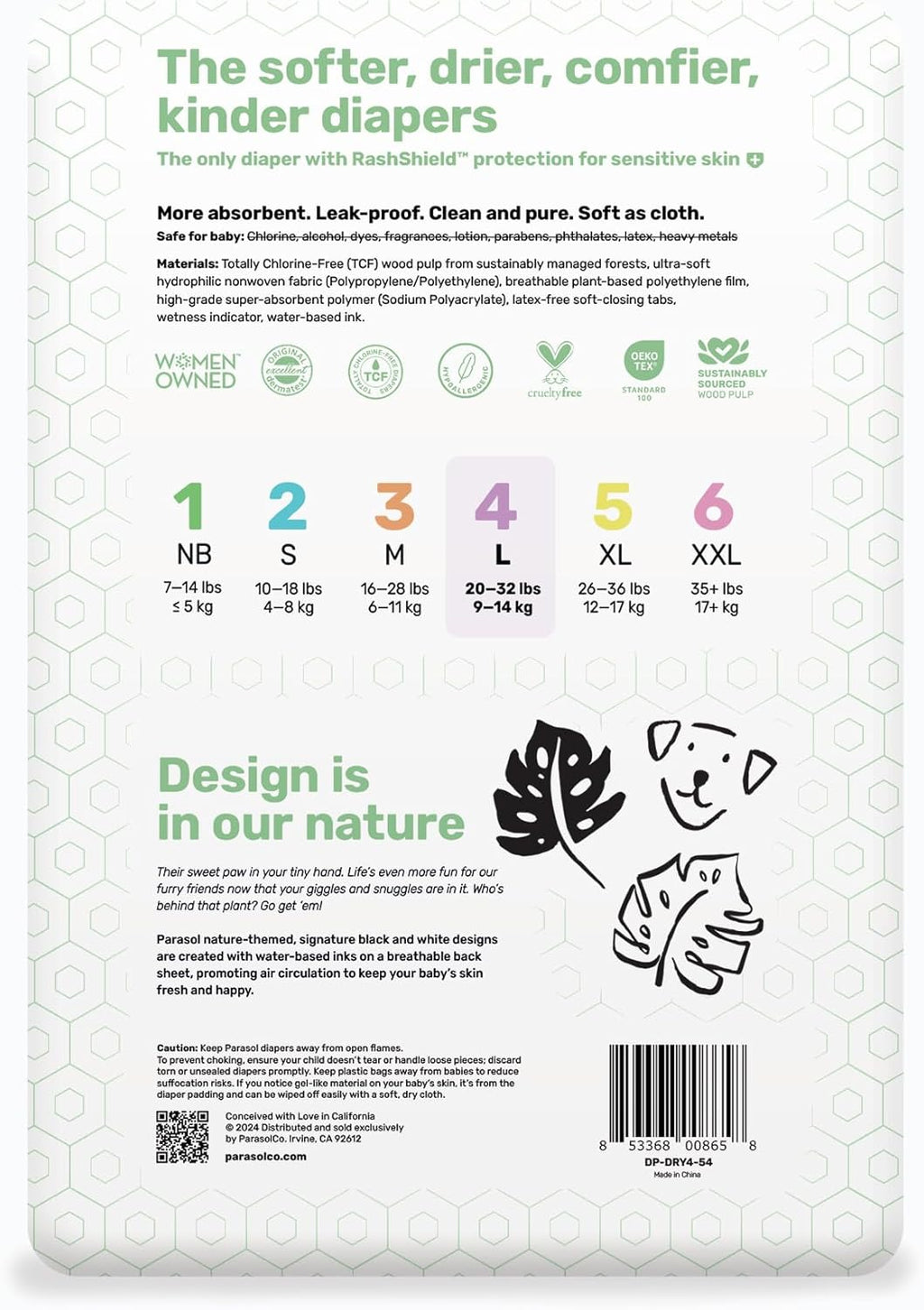 Parasol Clear+Dry Disposable Diapers, RashShield Protection and Leak-Control Fit, Hypoallergenic Diapers, Size 4 (20-32 lbs), 216 Count