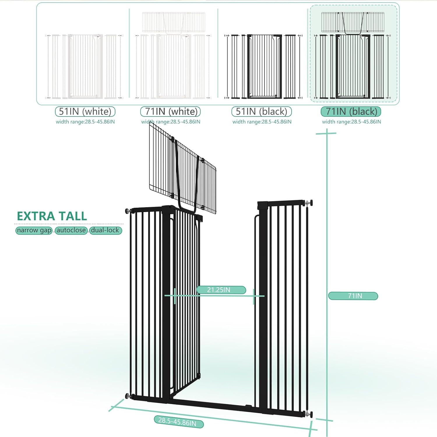 Jiprlak51 Extra Tall Cat Gate for Doorway – 28.5"-48.7" Extra Wide Pet Gate with Adjustable Cat Door Wide,Auto Close, Pressure Mounted, Pet Gate for Cats & Small Dogs, Hallway, Stairs, Kitchen