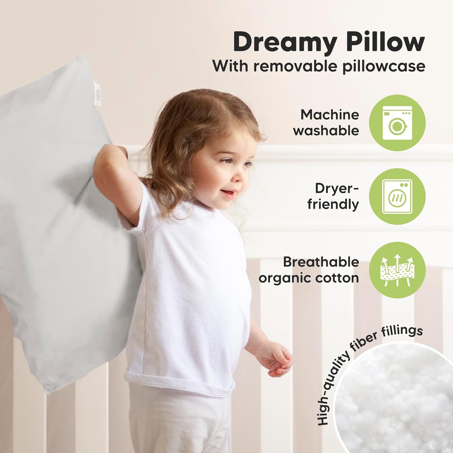 KeaBabies Toddler Pillow with Pillowcase, Jumbo 14X20 - Soft Organic Cotton Toddler Pillows for Sleeping - Machine Washable - Perfect for Travel, Toddler Bed Set (French Gray)