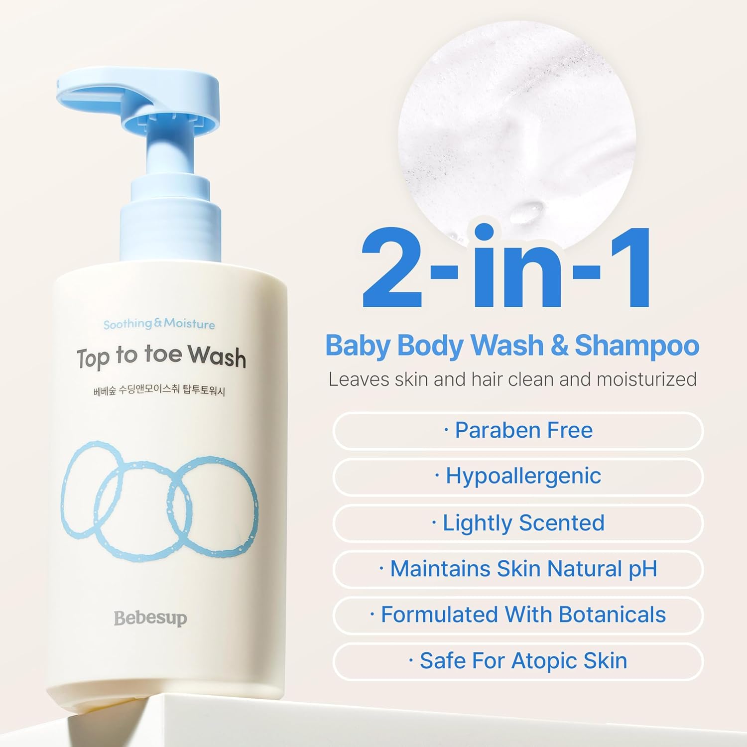BEBESUP- 베베숲 Head to Toe Wash Baby Shampoo | Korean Skincare for Sensitive & Atopic Skin Organic Rice Cera Biome Hypoallergenic Coconut-Derived Cleanser Head to Toe Use 10.14 fl oz
