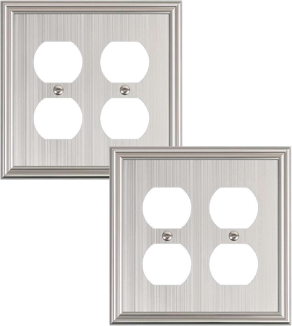 2-Pack Double Duplex Outlet Cover, Brushed Nickel Decorative Switch Plates and Outlet Covers for Electrical Outlets, Durable Zinc Alloy Wall Plates, 2 Gang Receptacle Cover