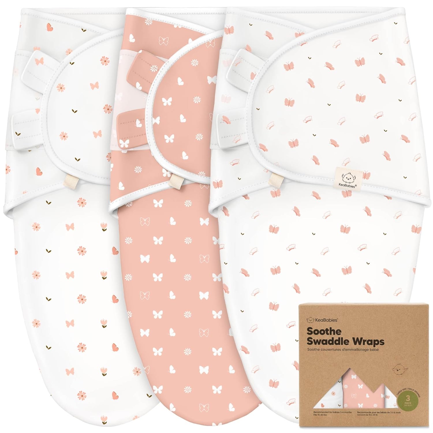 KeaBabies 3-Pack Organic Baby Swaddle Sleep Sacks - Swaddles for Newborns, Infant 3-6 Months, Baby Girls, Boys, Soft & Snug Newborn Sleep Sack, Nursery Swaddling Blankets (Butterflies, L)