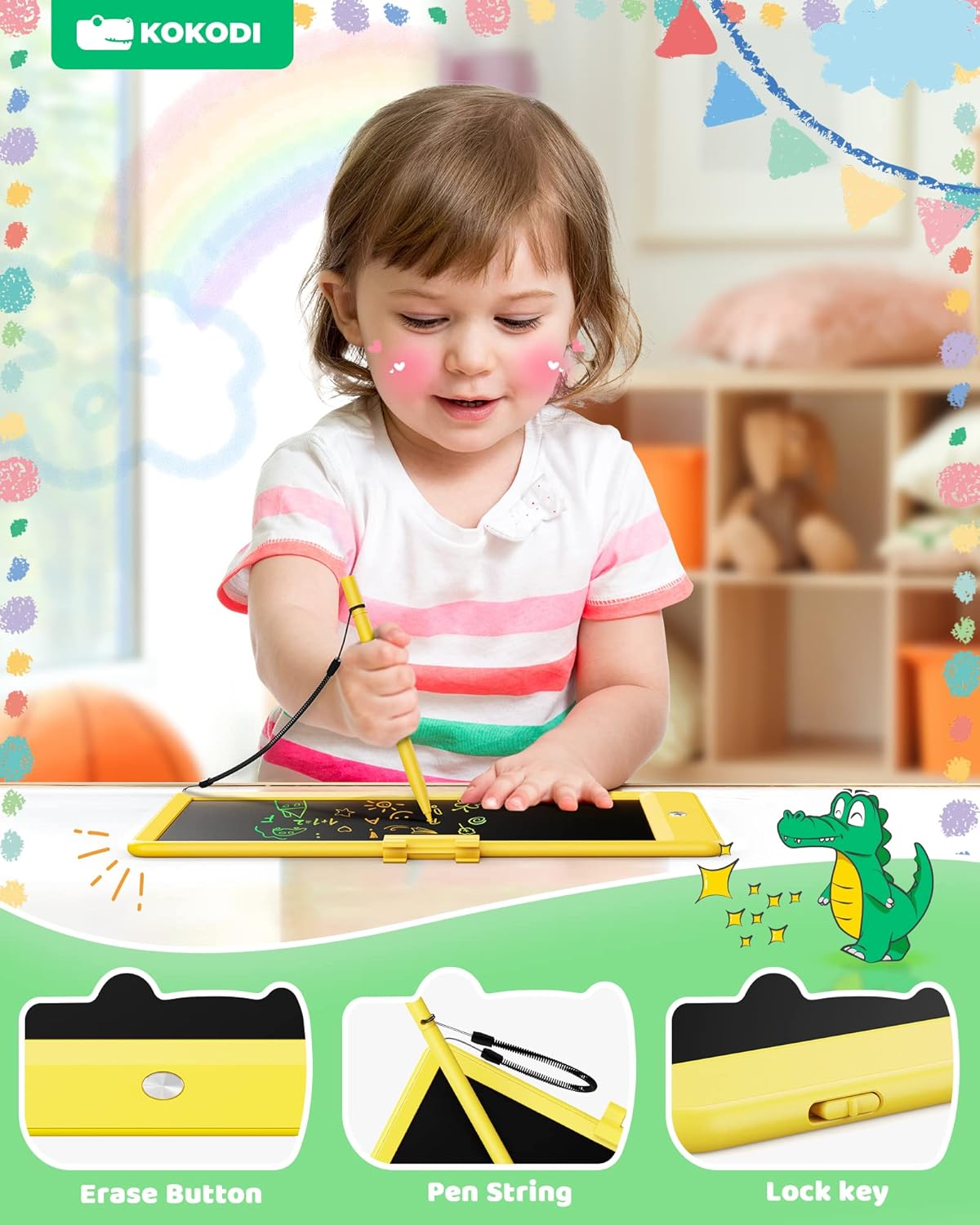 KOKODI LCD Writing Tablet, 10 Inch Colorful Toddler Doodle Board Drawing Tablet, Erasable Reusable Electronic Drawing Pads, Educational and Learning Toy for 3-6 Years Old Boy and Girls