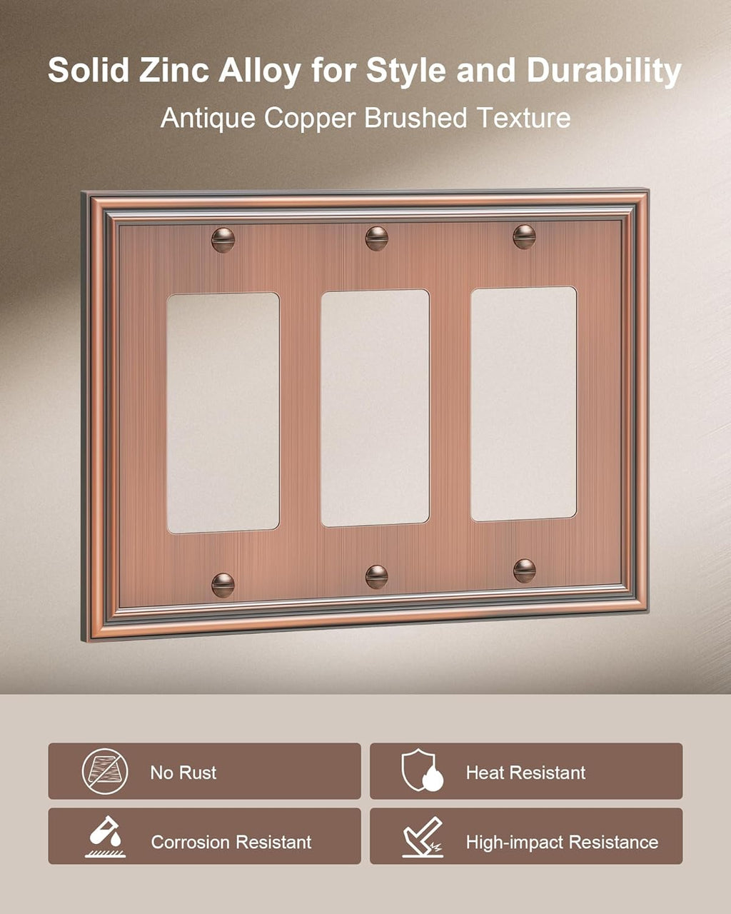 2-Pack Decorative Tripple Decorator Outlet Cover Plate, Durable Zinc Alloy Antique Copper Wall Plates for Electrical Outlet, Receptacle, GFCI Outlet, Dimmer Switch, 3-Gang Corrosion Resistant