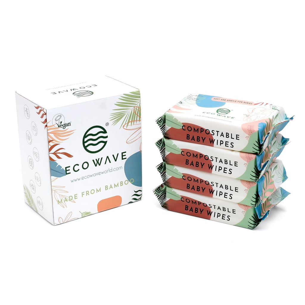 Eco Wave Baby Wipes, 100% Compostable Eco-Friendly Bamboo Wipes, Unscented, Hypoallergenic, Vegan, Alcohol-Free, Suitable For Sensitive Skin (Pack of 4)