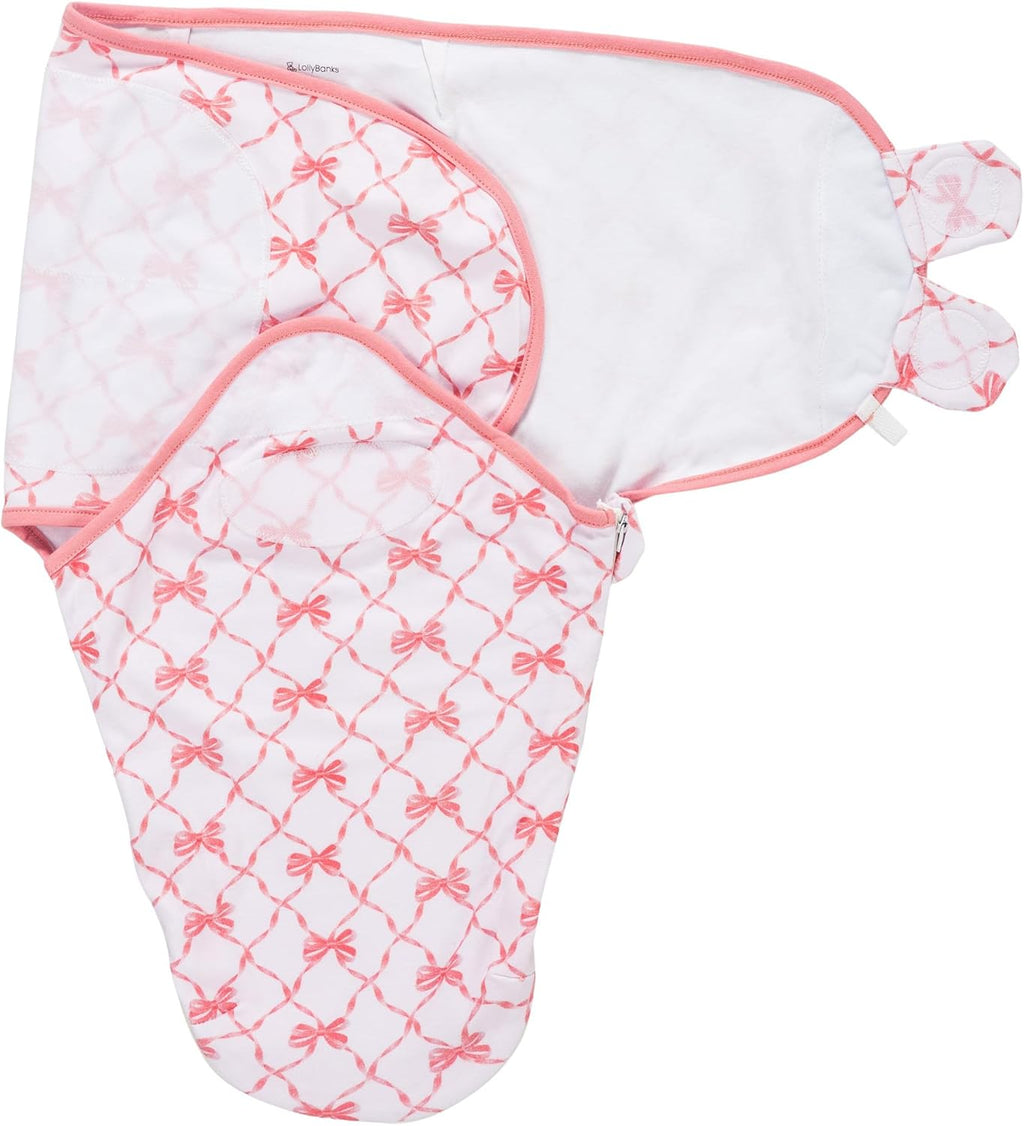 LollyBanks Baby Swaddles 100% Organic Cotton, 0-3 Months Baby Girl Swaddles with Easy Change Zipper, Swaddle Sack for Newborn Girls (Pink Bow Print)