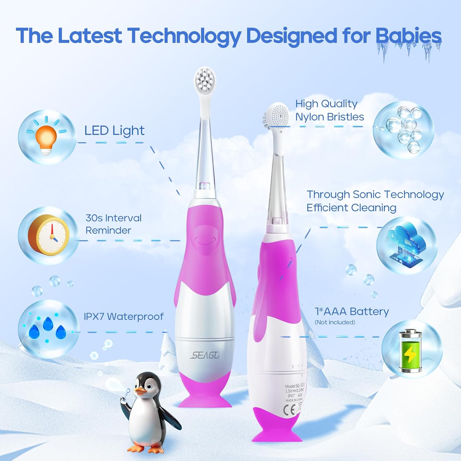 SEAGO Toddler Electric Toothbrushes for Baby Ages 0-3 Years, Baby Toothbrush with Smart Timer and Suction Base, 4 Replacement Brush Heads SG-513(Purple-C)