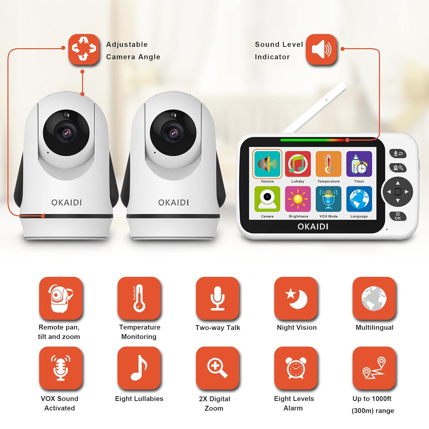 Video Baby Monitor with 2 Cameras, 5" Display Baby Monitor No WiFi, 30H Battery and 1000ft Range, Remote Pan-Tilt-Zoom Baby Camera, 2-Way Talk, 8 Lullabies, for Baby Pet Elderly