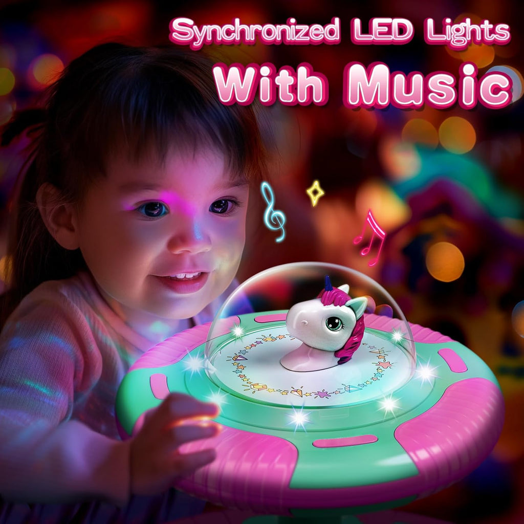 Unicorn Sit and Spin Toy Birthday Gift for 2 3 4 Years Old Girl - Toy for Toddler Girl Ages 1-3 2-4, Kids 360° Spinning Seat with LED & Music, Indoor Active Play Early Development Toys