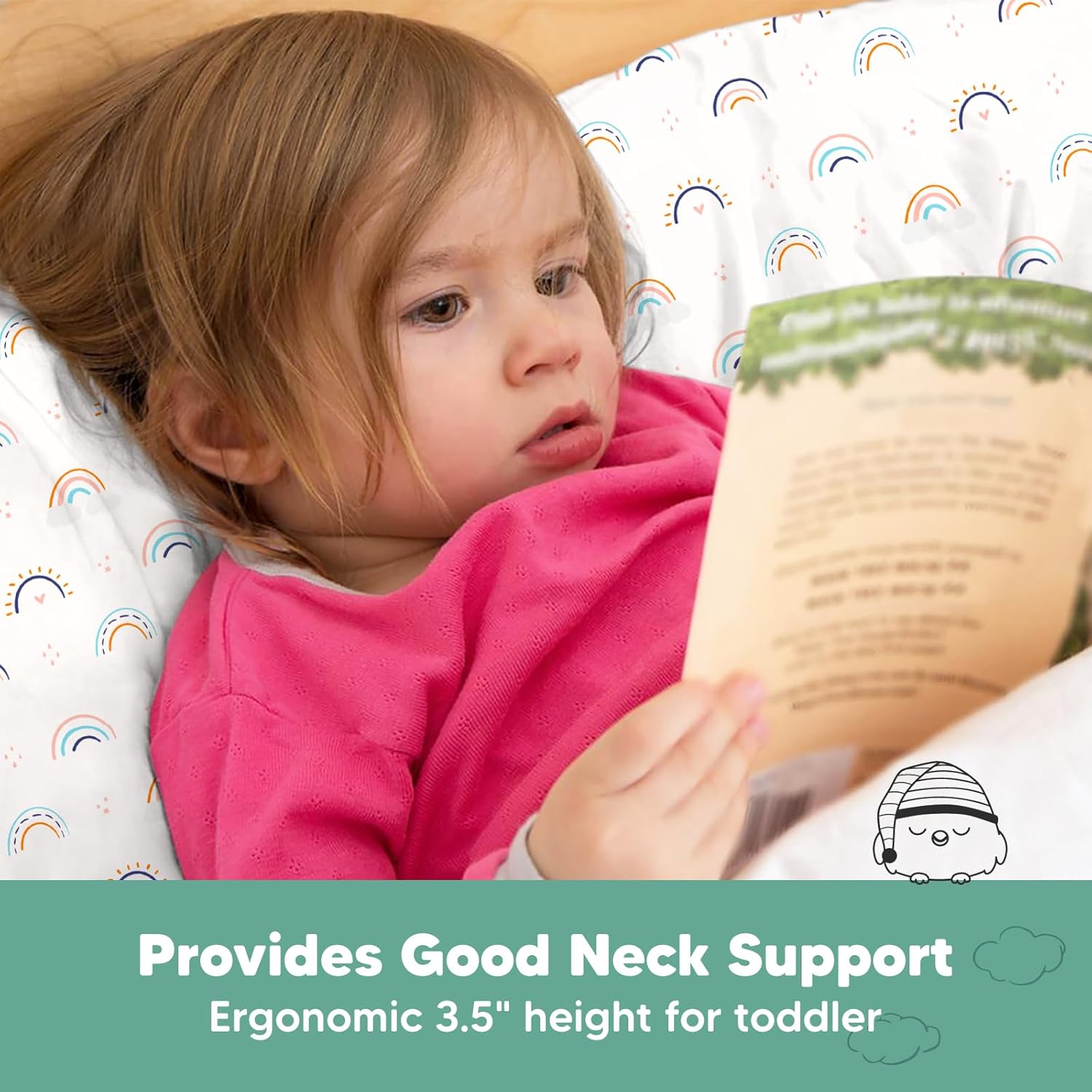 KeaBabies Toddler Pillow with Pillowcase, Jumbo 14X20 - Soft Organic Cotton Toddler Pillows for Sleeping - Machine Washable - Perfect for Travel, Toddler Bed Set (Jolly Rainbow)